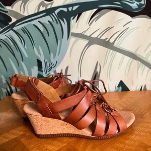Clarks leather cork wedge sandals